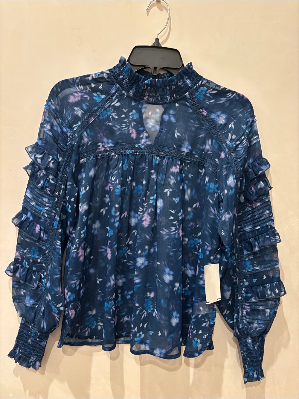 French Connection XS Floral Metallic Shimmer Ruffle Long Sleeve Blouse Romantic